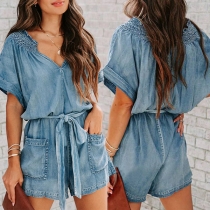 Street Fashion Old-washed V-neck Short Sleeve Denim Romper