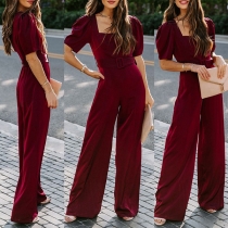 Elegant Solid Color Square Neck Short Sleeve Wide-leg Jumpsuit with Belt