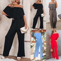 Casual Solid Color Off-the-shoulder Wide-leg Jumpsuit