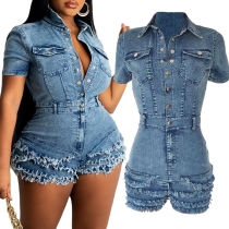 Vintage denim romper med sliten och tvättad yta, korta ärmar och elastisk midja
