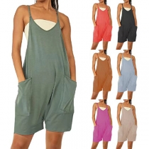 Casual Loose Solid Color Patch Pockets Suspender Romper
