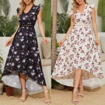 Fashion Floral Printed Lace Spliced V-neck Backless Self-tie Sleeveless Mini Dress