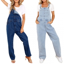 Street Fashion Old-washed Straight Cut Denim Jumpsuit
