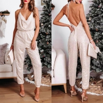 Sexig V-ringad Halter Neck Backless Paljett draperad Bling-bling Jumpsuit