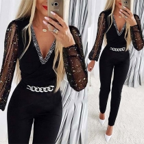 Sexy Gauze Spliced Long Sleeve Rhinestone V-neck Chain Jumpsuit