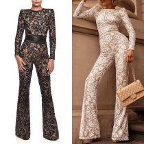 Sexig V-ringad 3/4 långärmad höghus Slim Fit Spets Jumpsuit