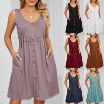 Casual Solid Color Round Neck Sleeveless Buttoned Side Pockets Mini Dress