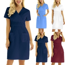 Simple Solid Color V-neck Short Sleeve Patch Pockets Dress