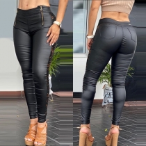 Street Fashion Lace Spliced Zipper Skinny Artificial Leather PU Pants
