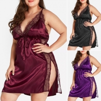 Fashion Lace Spliced V-neck Slit Plus-size Nightwear Dress