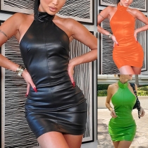 Fashion Mock Neck Backless konstläder PU Bodycon Festklänning