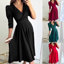 Elegant Solid Color V-neck Elbow Puff Sleeve Dress