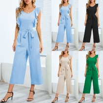 Elegant Solid Color Ruffled Round Neck Self-tie Jumpsuit