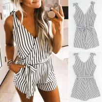 Street Fashion Self-tie Vertical Striped Printed V-neck Romper