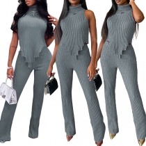 Street Fashion Ribbed Two-piece Set Consist of Turtleneck Sleeveless Irregular Hemline Shirt and Wide-leg Pants