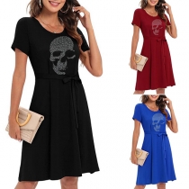 Street Fashion Bling-bling Skull Printed Round Neck Short Sleeve Self-tie Dress