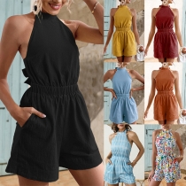 Casual Solid Color Halter Neck Back-tie Romper
