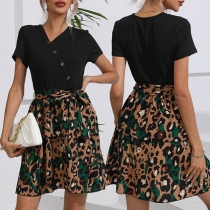 Fashion Buttoned Short Sleeve Printed Self-tie Mini Dress
