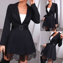 Elegant Notch Laple V-neck Long Sleeve Lace Spliced Suit Dress with Belt