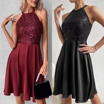 Fashion Sequined Spliced Halter Sleeveless Mini Dress