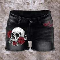 Street Fashion Skull Printed Old-washed Frayed Denim Shorts