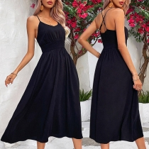 Fashion Solid Color Smocked Waist Cross-criss Backless Slip Dress