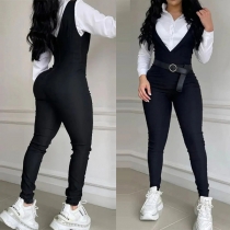 Street Fashion Solid Color V-neck Backless Slim-fit Jumpsuit
