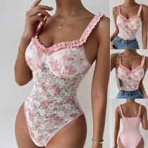 Sexy Ruffled V-neck Floral Lace Bodysuit