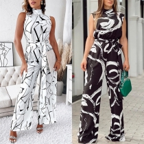 Street Fashion Printed Mocked Neck Sleeveless Self-tie Wide-leg Jumpsuit