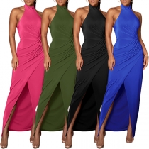 Elegant Solid Color Mock Neck Sleeveless Ruched Slit Bodycon Dress