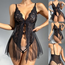 Sexy Semi-through Lace Spliced Gauze V-neck Backless Lingerie Bodysuit