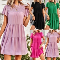 Casual Solid Color Ruffled Smocked Tiered Mini Dress