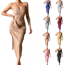 Sexy Bling-bling V-neck Ruched High Slit Party Dress