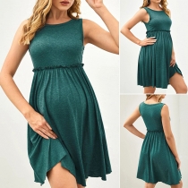 Casual Round Neck Sleeveless Ruffled Green Maternity Dress