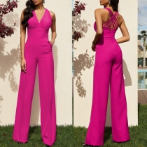 Elegant Solid Color V-neck Sleeveless Cross-criss Wide-leg Jumpsuit