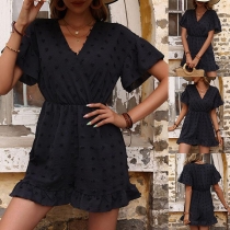 Fashion Swiss-dot V-neck Short Sleeve Romper