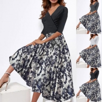 Fashion Floral Printed V-neck Short Sleeve Midi Dress