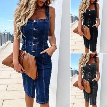 Fashion Old-washed Buttoned Slit Bodycon Denim Dress