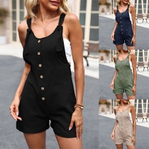 Casual Solid Color Buttoned Self-tie Romper
