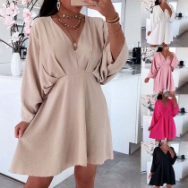 Fashion Solid Color V-neck Long Sleeve Mini Dress