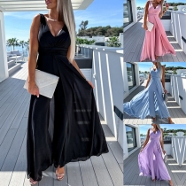 Fashion Solid Color V-neck Sleeveless Wide-leg Jumpsuit