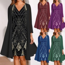 Fashion Two-piece Set Consist of Cardigan and Printed Mini Dress