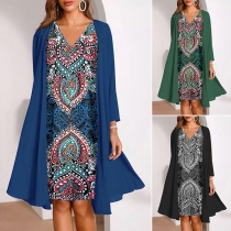 Fashion Two-piece Set Consist of Cardigan and  Floral Printed Mini Dress