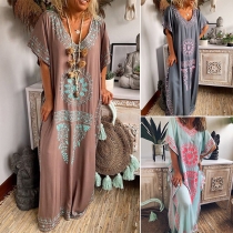 Casual Printed V-neck Short Sleeve Slit Maxi Dress