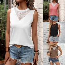 Fashion Lace Spliced Round Neck Sleeveless Shirt