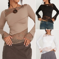 Sexy Lace Spliced Round Neck Long Sleeve Shirt