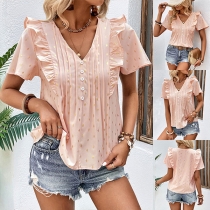 Casual Patchwork Foil Print  Ruffled Short Sleeve Shirt