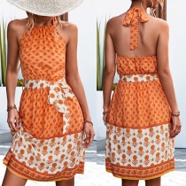 Sexy Floral Printed Halter Neck Self-tie Mini Dress