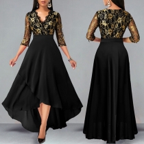 Elegant Floral Embroidery V-neck Elbow Sleeve Irregular Hemline Party Dress