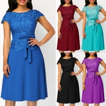 Elegant Lace Spliced Cap Sleeve Self-tie Dress